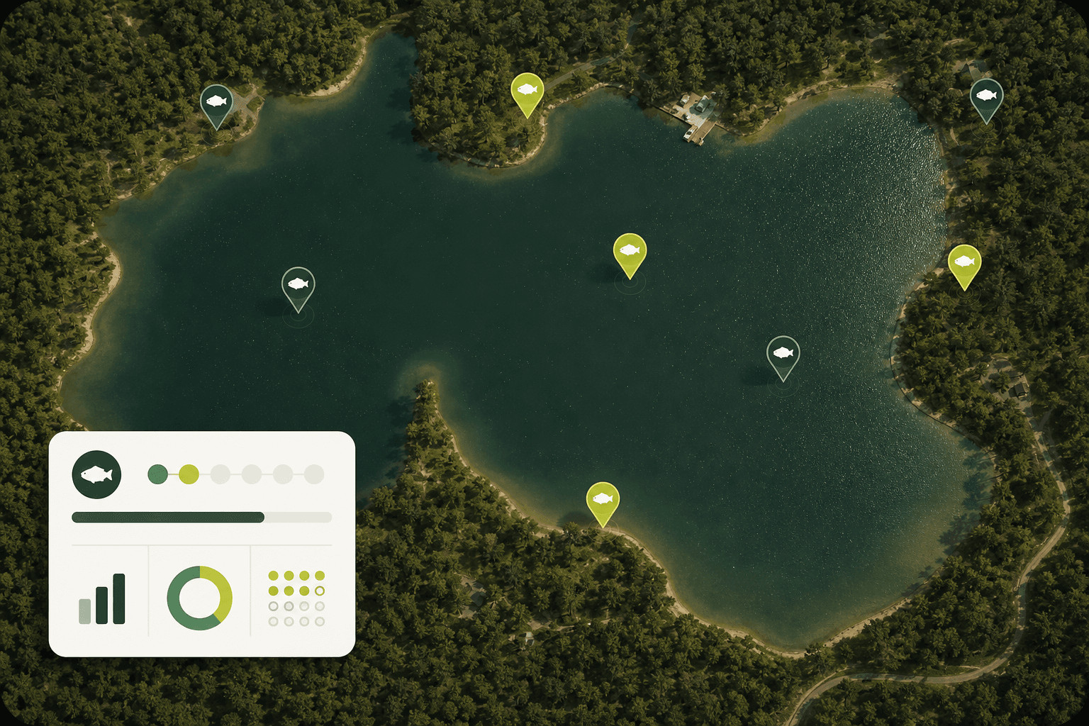 Aerial lake map with catch pins and progress stats