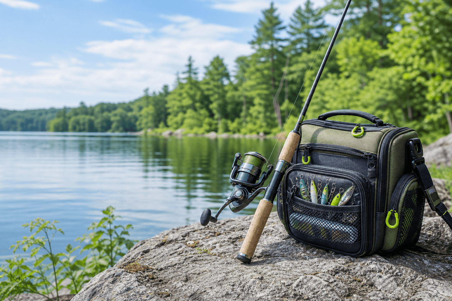 Fishing rod and tackle by a green freshwater lake